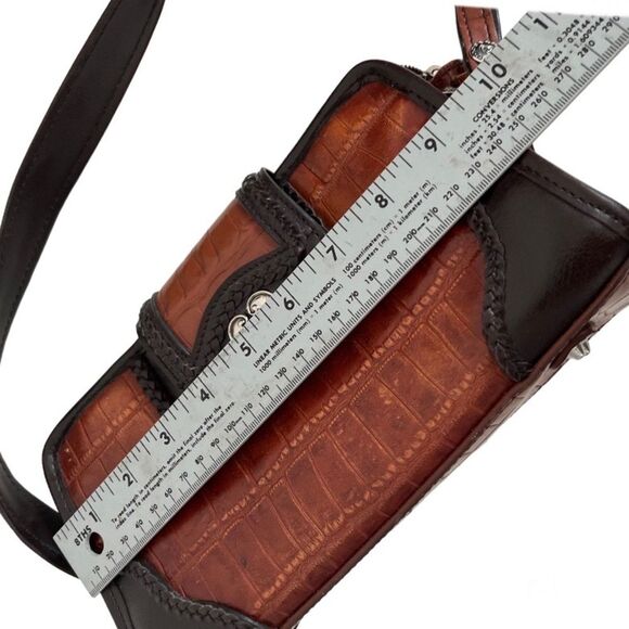 M C Marc Chantal Leather Bag Croc Embossed Two Tone Brown Silver Hardware - Picture 6 of 8